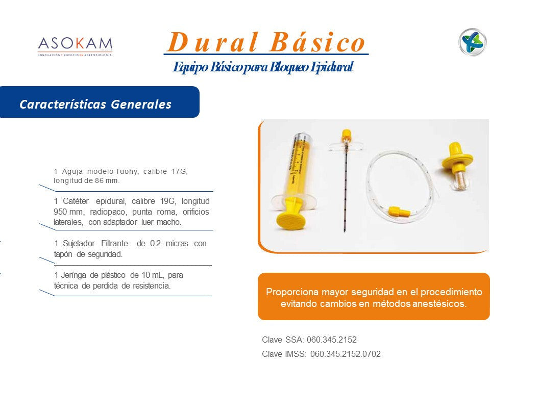 Ficha Asokam Dural Básico: Tuohy 17G × 86 mm, catéter 19G, sujetador filtrante y jeringa 10 mL