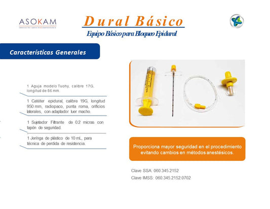 Ficha Asokam Dural Básico: Tuohy 17G × 86 mm, catéter 19G, sujetador filtrante y jeringa 10 mL