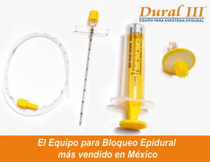 Dural III: catéter epidural 19G, aguja Tuohy 17G, jeringa de pérdida de resistencia y sujetador filtrante de 0.2 micras
