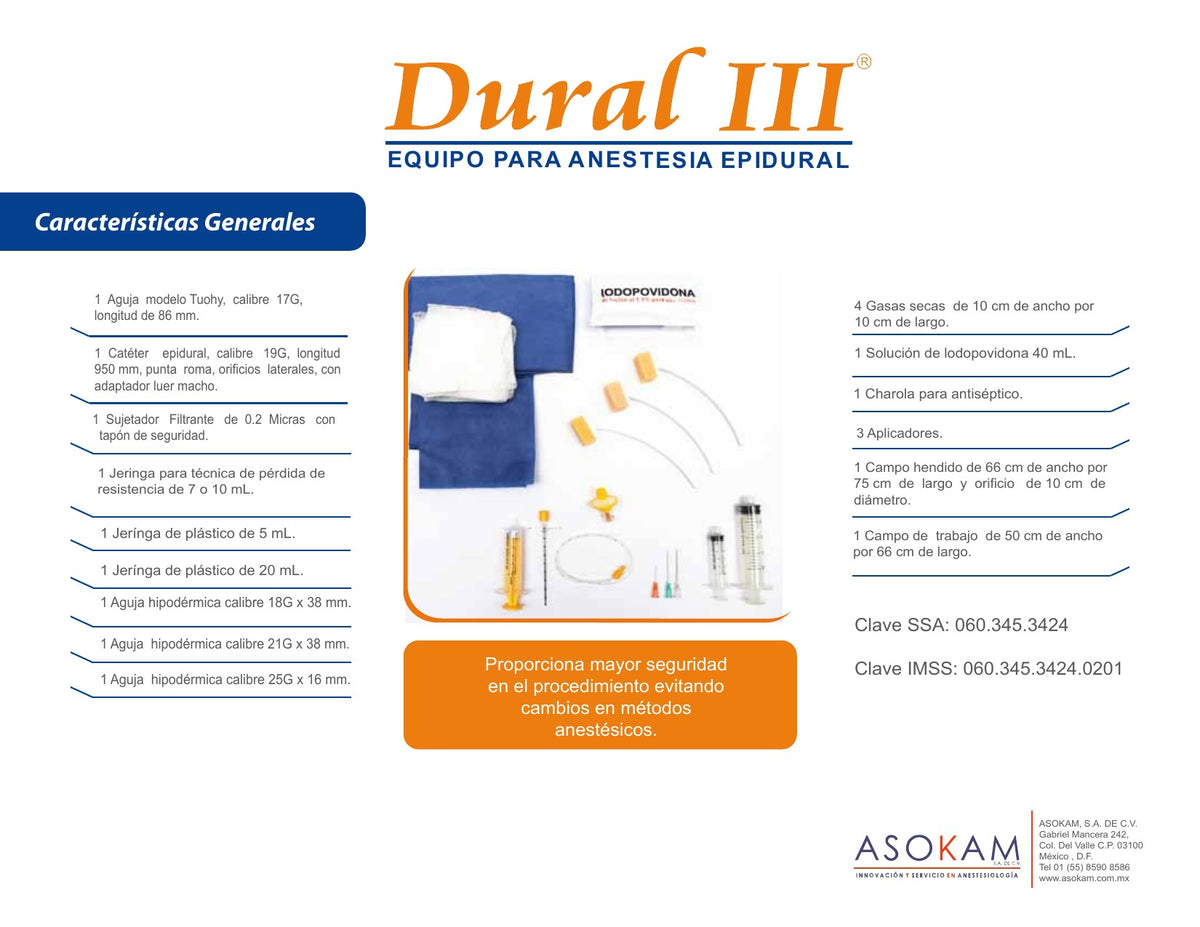 Ficha técnica Dural III: contenido del equipo, clave SSA 060.345.3424 y clave IMSS 060.345.3424.0201