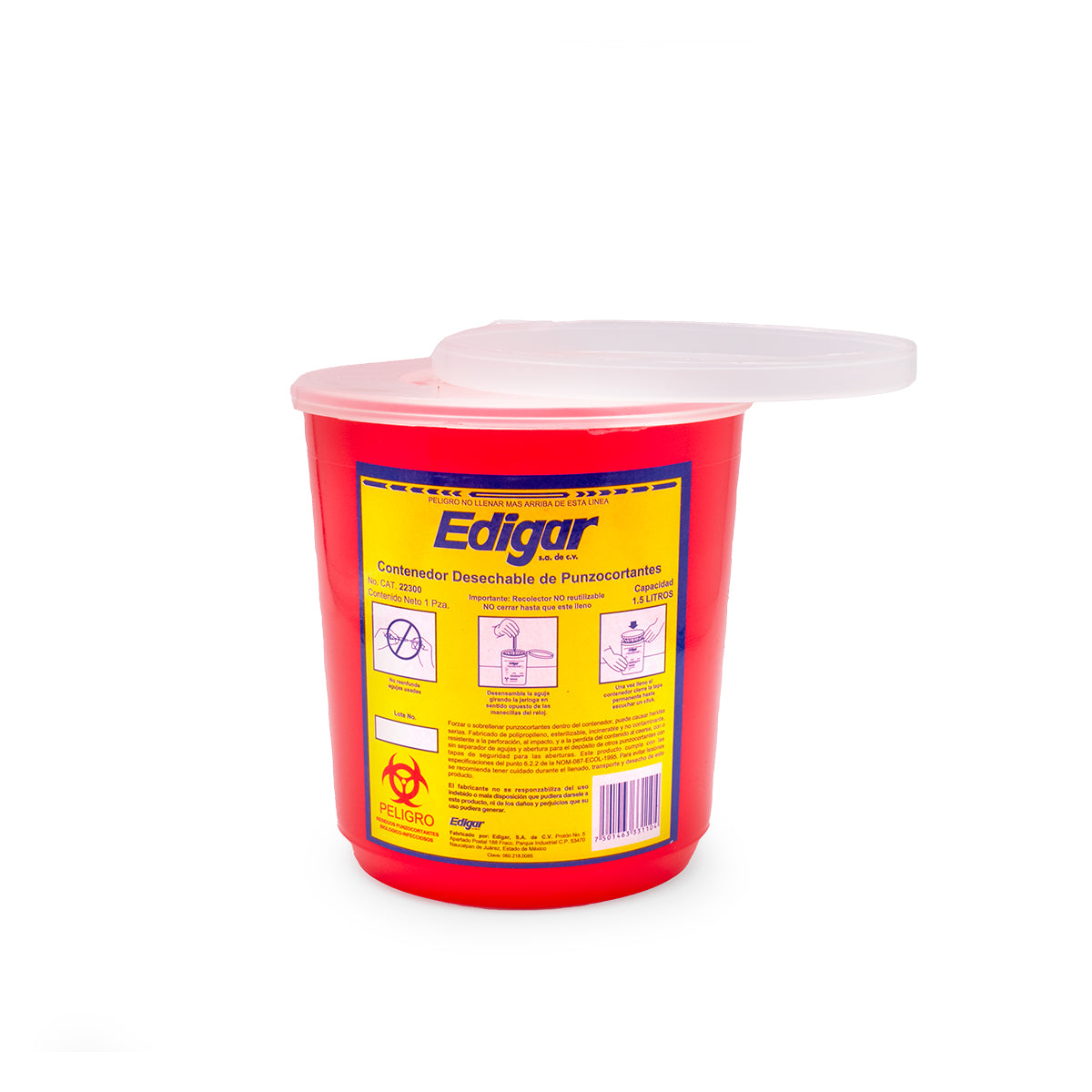 Contenedor rojo para punzocortantes Edigar AA22300 de 1.5 litros con tapa
