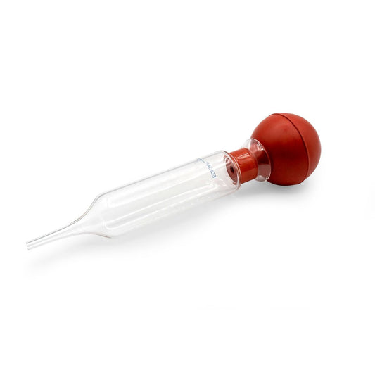 Jeringa de cristal Edigar de 30 ml con bulbo rojo, fuera de la caja.