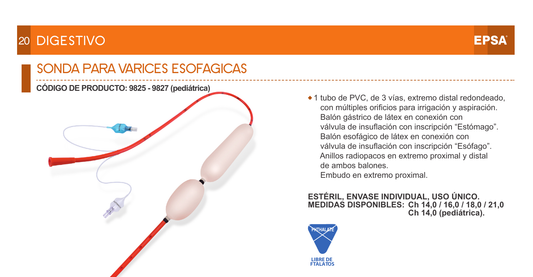 Catálogo EPSA 9825: sonda para varices esofágicas, código 9825, calibres Ch 14, 16, 18 y 21, envase individual estéril
