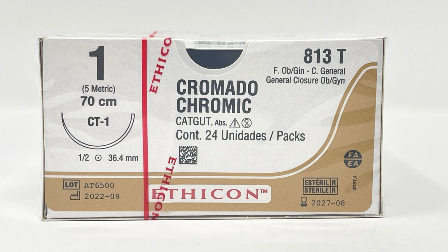 Sutura Ethicon Catgut Crómico 813T calibre 1 con aguja CT-1