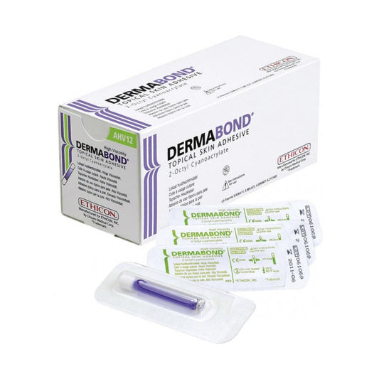 Caja Ethicon DERMABOND HV AHV12 con 12 aplicadores de adhesivo tópico de 0.5 ml sobre fondo blanco