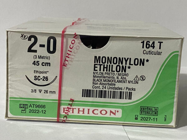Ethicon ETHILON 164T, nylon negro calibre 2-0, 45 cm, aguja SC-26 de 26 mm