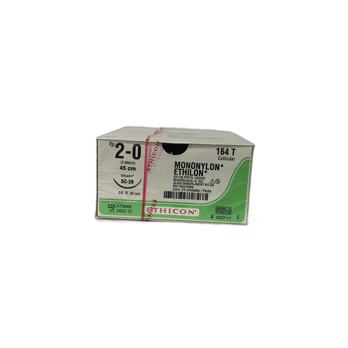 Caja Ethicon ETHILON 164T, nylon 2-0 negro, aguja SC-26 de 26 mm, 24 unidades sobre fondo blanco