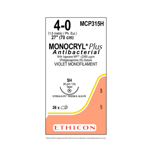 Ethicon MONOCRYL Plus MCP315H sutura violeta 4-0, aguja SH 26 mm, caja con 36 piezas sobre fondo blanco