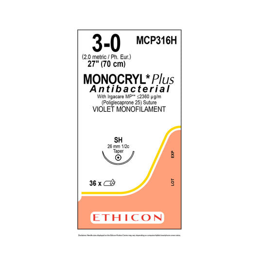 Ethicon MONOCRYL Plus MCP316H sutura violeta 3-0, aguja SH 26 mm, caja con 36 piezas sobre fondo blanco