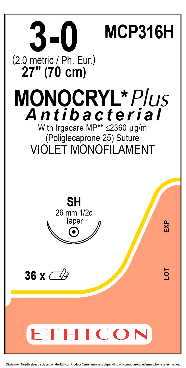 Ethicon MONOCRYL Plus MCP316H sutura violeta 3-0 aguja SH 26 mm 36 por caja