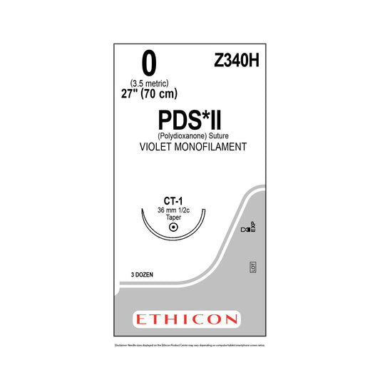 Ethicon PDS II Z340H sutura violeta calibre 1-0, aguja CT-1 de 36 mm, caja con 36 piezas sobre fondo blanco