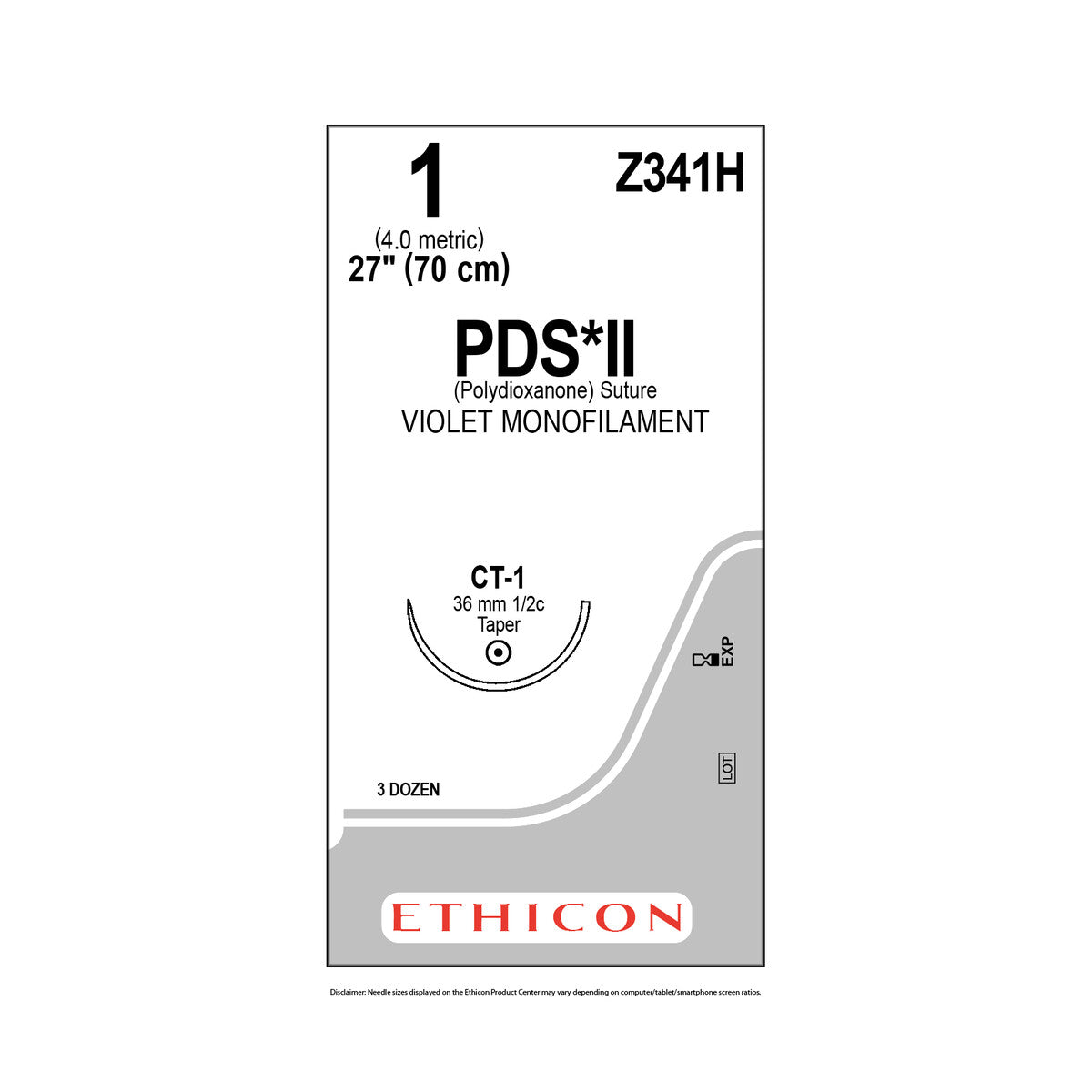 Ethicon PDS II Z341H sutura violeta calibre 1, aguja CT-1 de 36 mm, caja con 36 piezas sobre fondo blanco