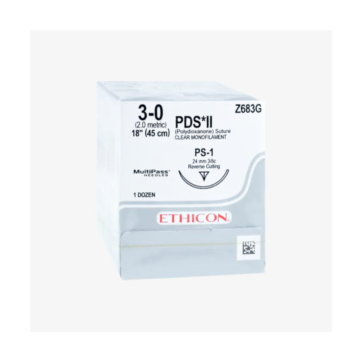 Ethicon PDS II Z683G sutura absorbible 3-0 PS-1 de 45 cm sobre fondo blanco