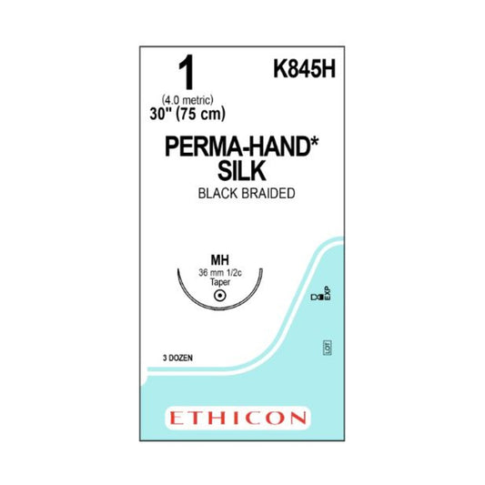 Ethicon PERMA-HAND K845H seda negra USP 1 con aguja MH de 36.4 mm sobre fondo blanco