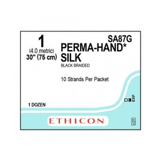Caja Ethicon PERMA-HAND Silk SA87G, seda negra trenzada USP 1 de 75 cm sin aguja, 1 docena, sobre fondo blanco