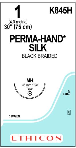 Ethicon PERMA-HAND K845H, seda negra USP 1 con aguja MH de 36.4 mm