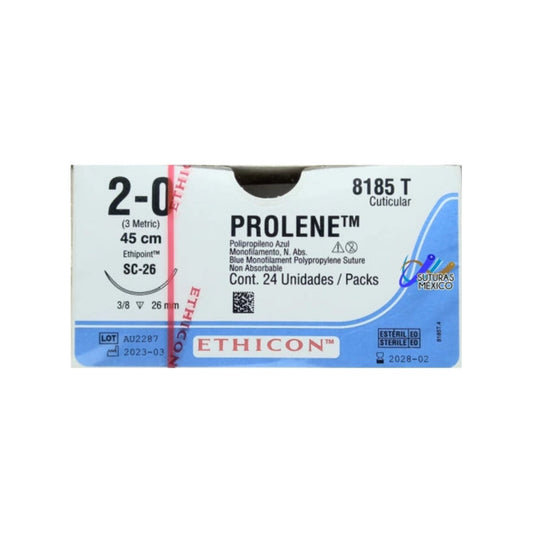 Caja Ethicon PROLENE 8185T, polipropileno azul 2-0, aguja SC-26 de 26 mm, 24 unidades sobre fondo blanco