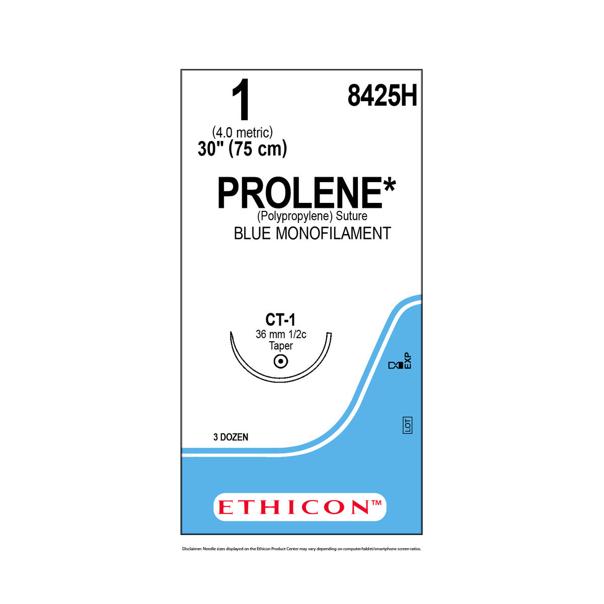 Ethicon Prolene 8425H azul calibre 1 con aguja CT-1 sobre fondo blanco