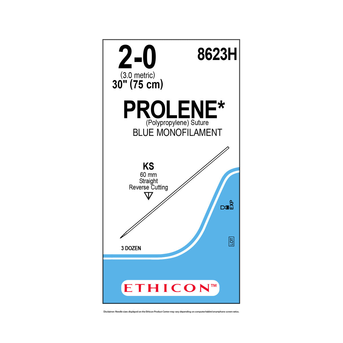 Ethicon Prolene azul 2-0 referencia 8623H sobre fondo blanco