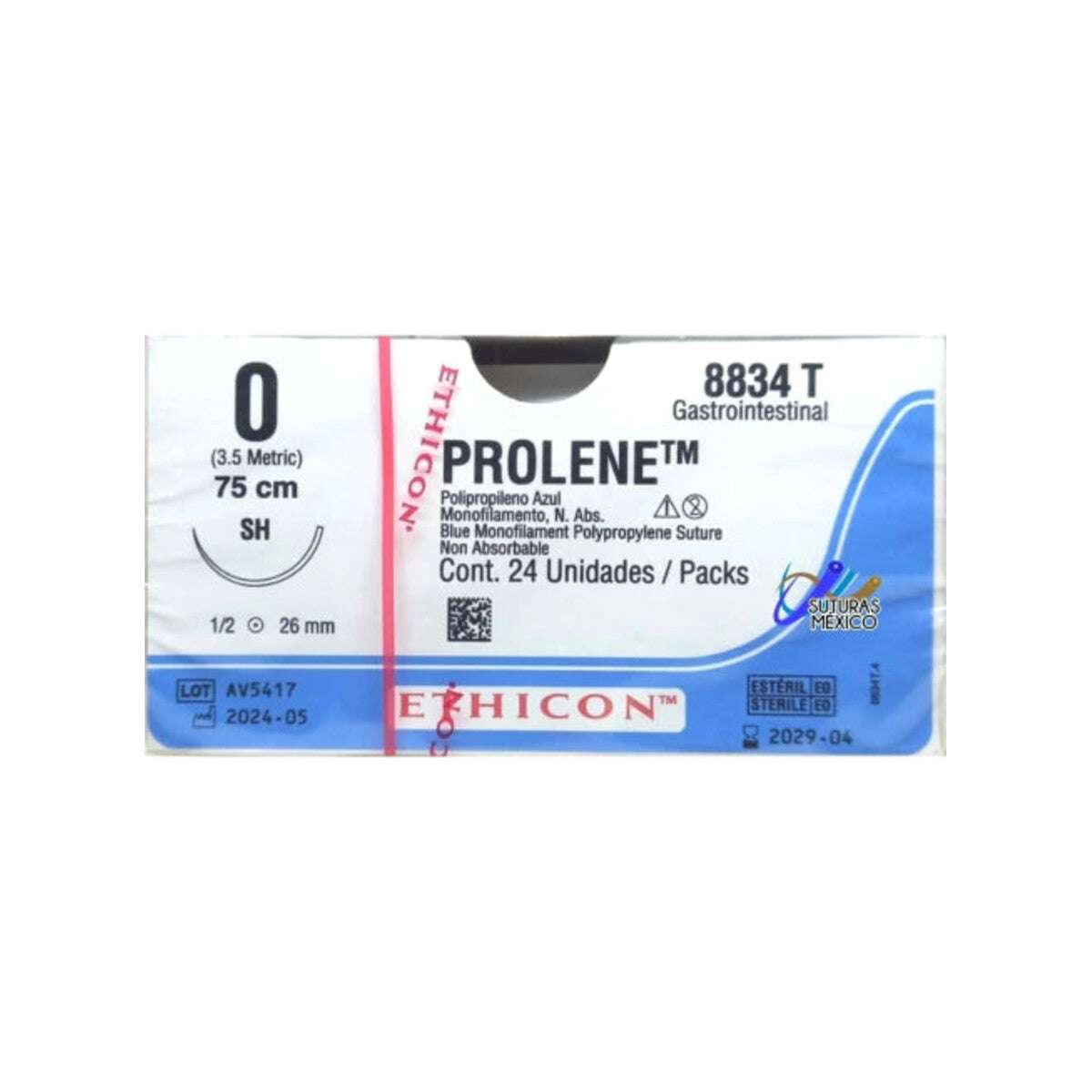 Ethicon Prolene 8834T azul calibre 1-0 con aguja SH sobre fondo blanco