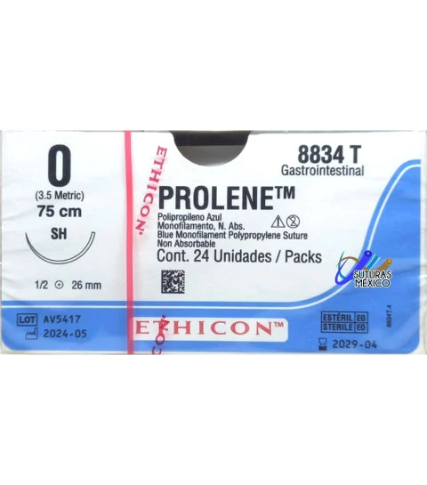 Ethicon PROLENE 8834T azul calibre 1-0, aguja SH 26 mm, 75 cm