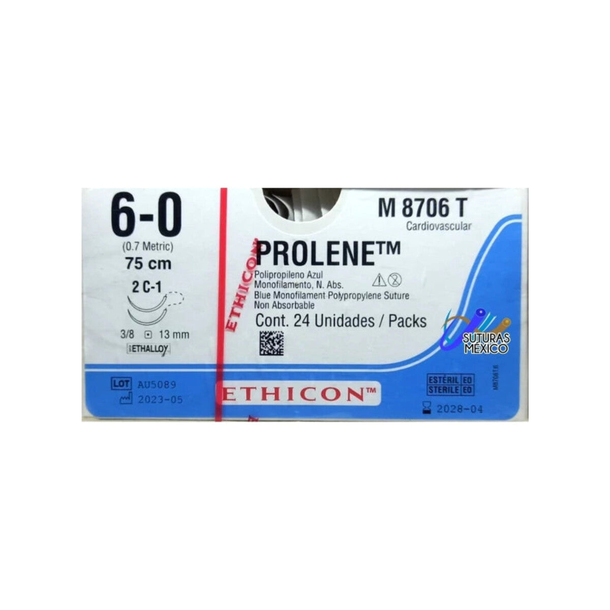 Ethicon Prolene M8706T 6-0 azul con agujas C-1 sobre fondo blanco
