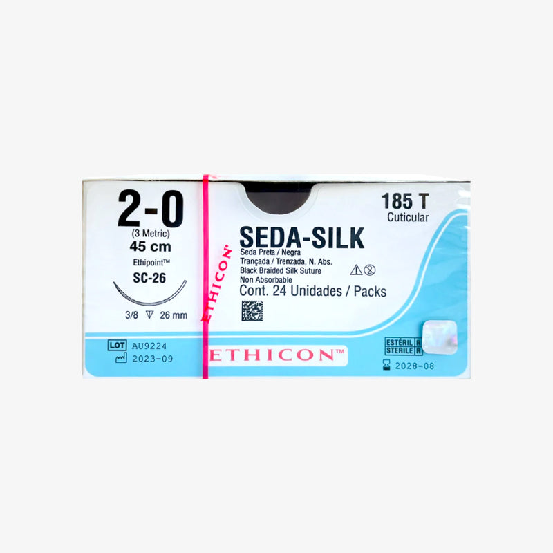 Ethicon SEDA-SILK 185T, seda negra calibre 2-0, 45 cm, aguja SC-26 de 26 mm