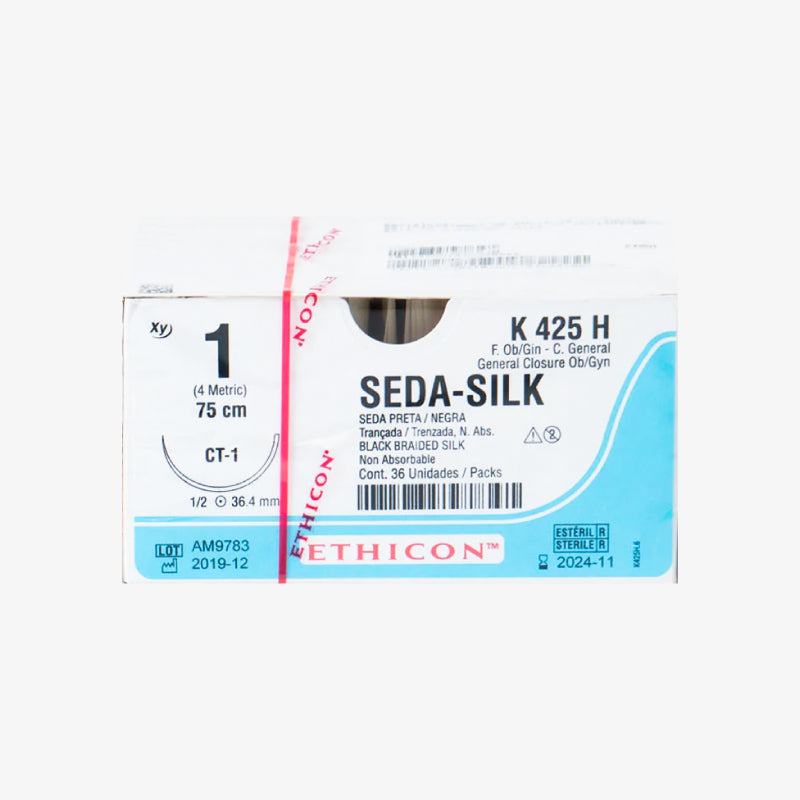 Ethicon SEDA-SILK K425H, seda negra calibre 1, 75 cm, aguja CT-1 de 36.4 mm
