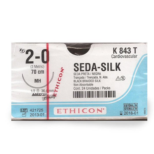 Ethicon SEDA-SILK K843T, seda negra USP 2-0 con aguja MH de 36.4 mm