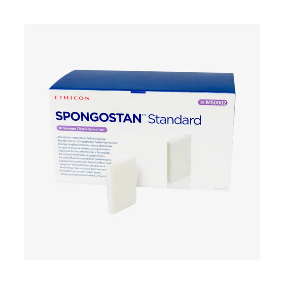 Caja Ethicon SPONGOSTAN Standard MS0002, 20 esponjas de 7 × 5 × 1 cm sobre fondo claro