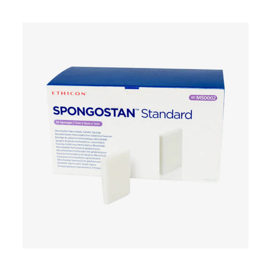 Caja Ethicon SPONGOSTAN Standard MS0002, 20 esponjas de 7 × 5 × 1 cm sobre fondo claro