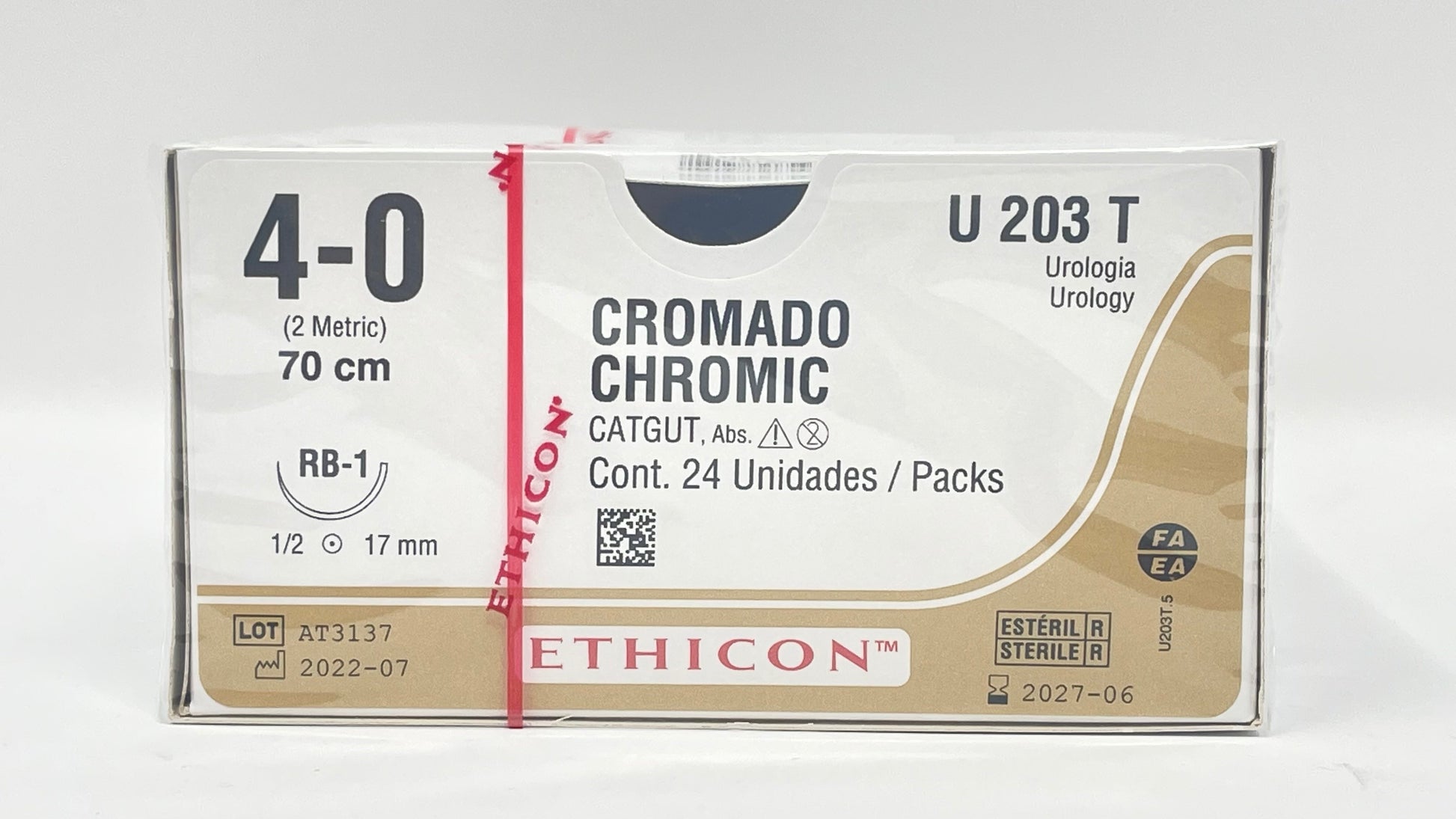 Sutura Ethicon Catgut Crómico U203T con aguja RB-1 de 17 mm y hebra de 70 cm