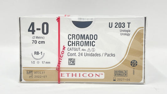 Sutura Ethicon Catgut Crómico U203T con aguja RB-1 de 17 mm y hebra de 70 cm