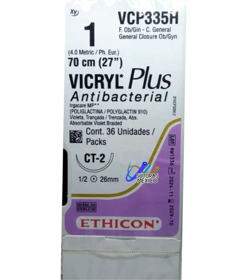 Ethicon Vicryl Plus VCP335H, sutura absorbible antibacteriana calibre 1 con aguja CT-2