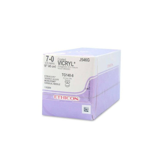 Ethicon VICRYL J546G 7-0 violeta sobre fondo blanco