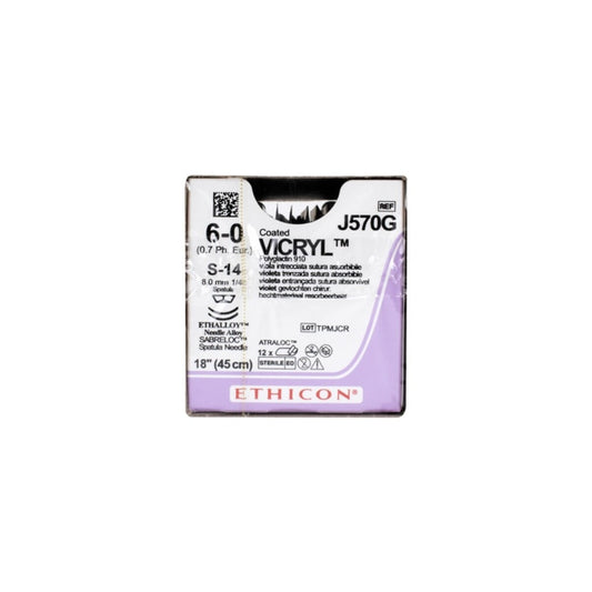 Ethicon VICRYL J570G 6-0 violeta S-14 de 45 cm sobre fondo blanco