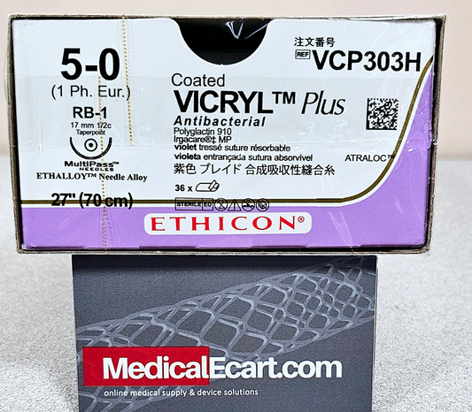 Ethicon VICRYL Plus VCP303H antibacterial, calibre 5-0, aguja RB-1 de 17 mm, 70 cm