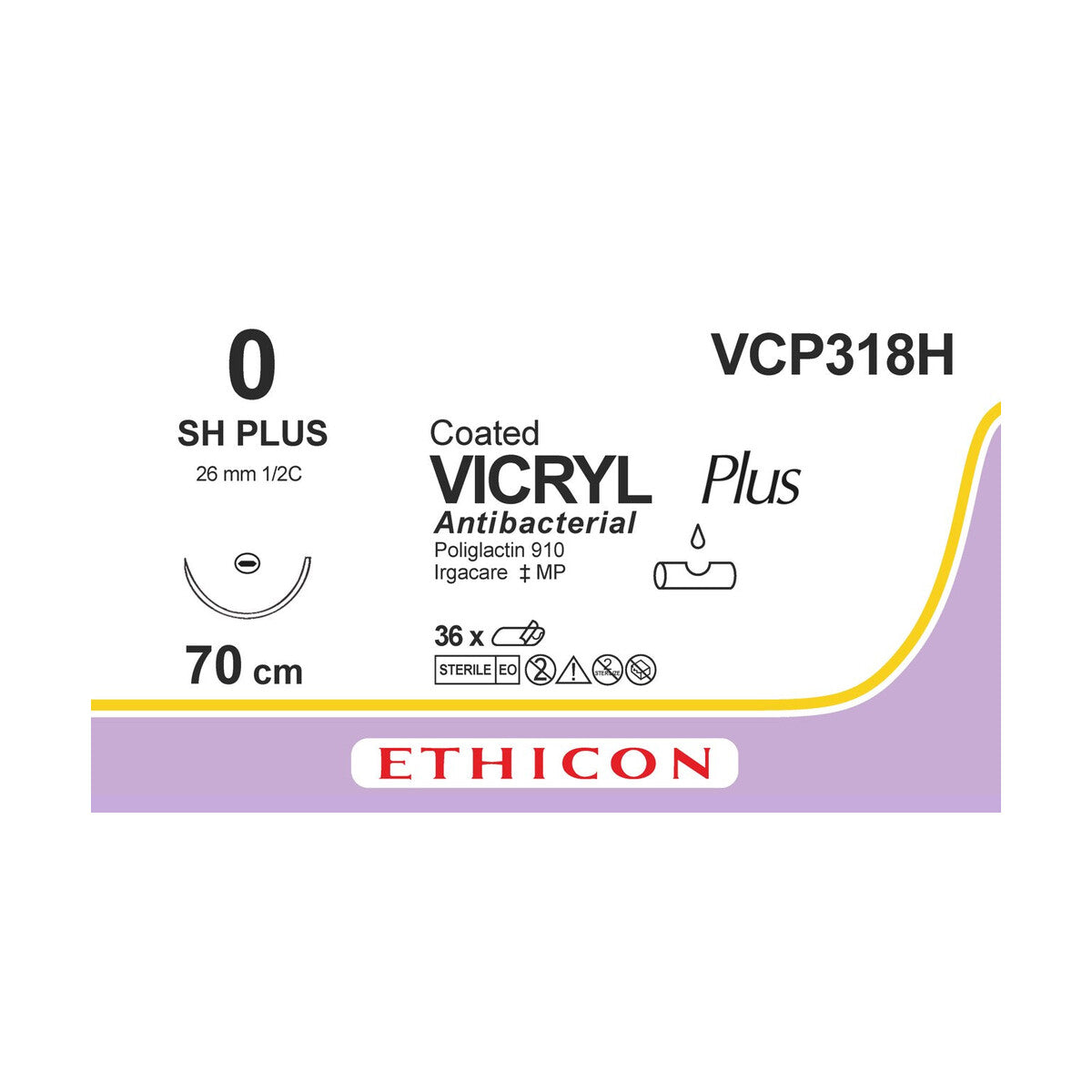 Ethicon VICRYL PLUS sutura absorbible antibacteriana con aguja SH PLUS sobre fondo blanco
