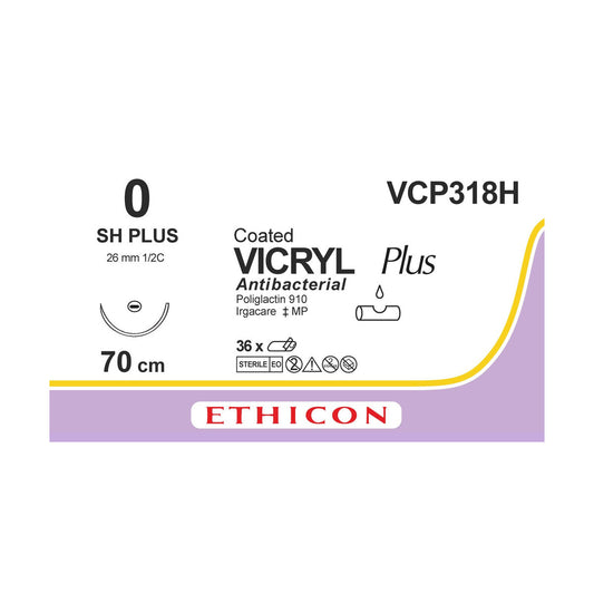 Ethicon VICRYL PLUS sutura absorbible antibacteriana con aguja SH PLUS sobre fondo blanco