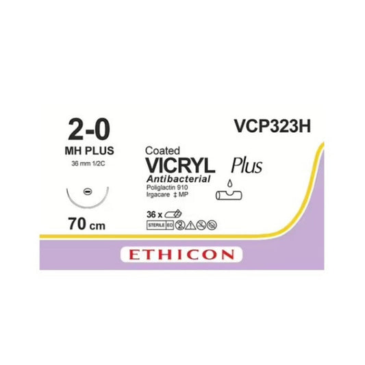Ethicon VICRYL Plus VCP323H antibacterial, calibre 2-0, aguja MH Plus de 36 mm, 70 cm sobre fondo blanco