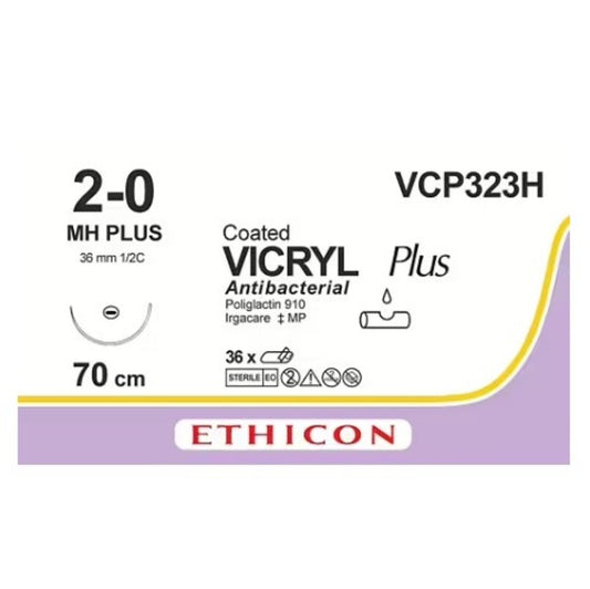 Ethicon VICRYL Plus VCP323H antibacterial, calibre 2-0, aguja MH Plus de 36 mm, 70 cm