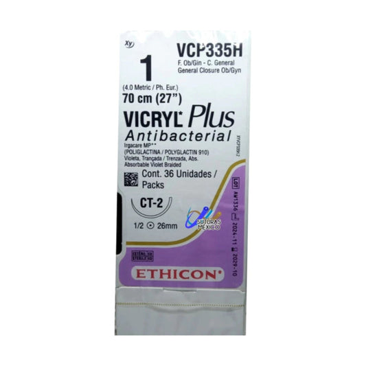 Ethicon VICRYL Plus VCP335H sutura absorbible antibacteriana calibre 1 con aguja CT-2 sobre fondo blanco