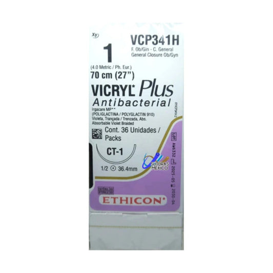 Caja Ethicon VICRYL Plus VCP341H, USP 1 violeta, aguja CT-1 de 36.4 mm, 70 cm, 36 unidades sobre fondo blanco