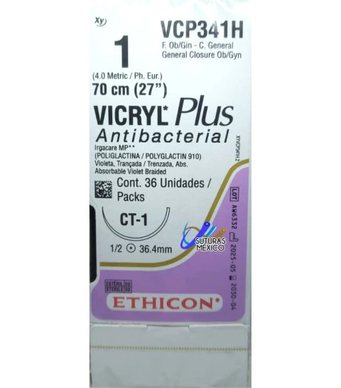 Ethicon VICRYL Plus VCP341H, USP 1, CT-1 de 36.4 mm y hebra de 70 cm