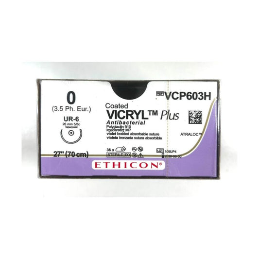 Ethicon VICRYL PLUS VCP603H calibre 0 UR-6 de 70 cm sobre fondo blanco