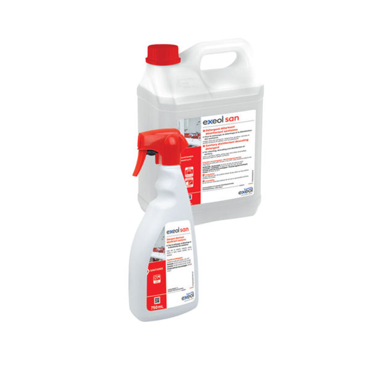 Exeol SAN detergente desincrustante y desinfectante, spray de 750 ml y bidón de 5 L sobre fondo blanco