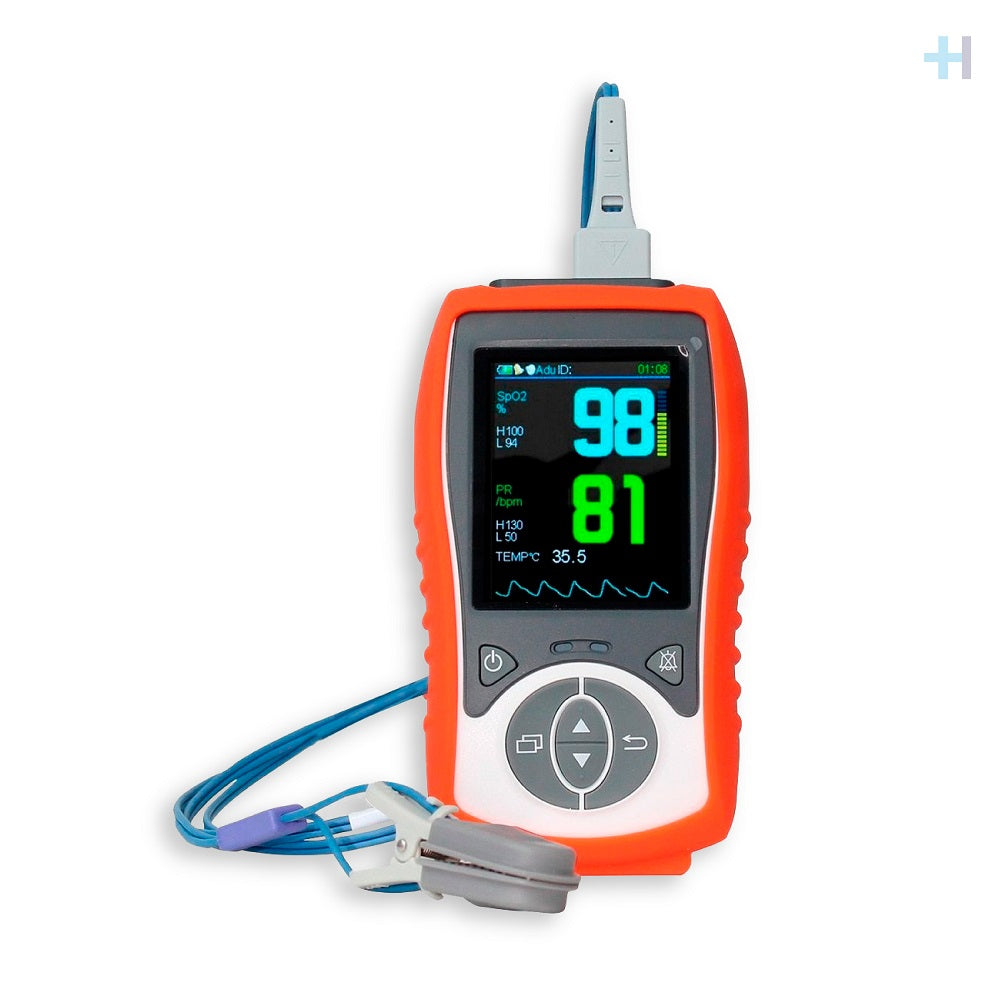 Oxímetro de pulso Palm Xignal F380H con sensor de pinza para adulto y sonda de temperatura.