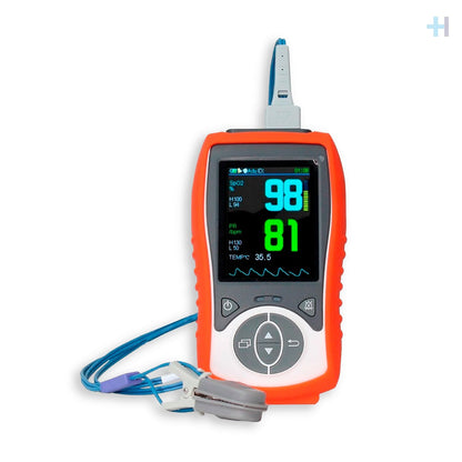 Oxímetro de pulso Palm Xignal F380H con sensor de pinza para adulto y sonda de temperatura.