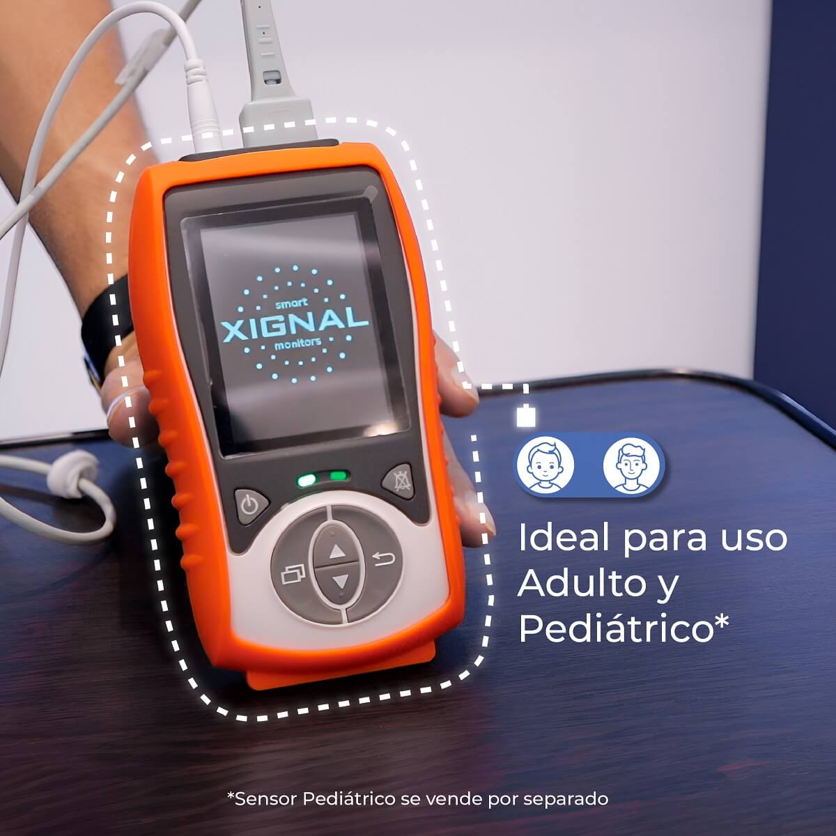 Oxímetro Palm Xignal F380H con la marca Xignal en la pantalla.