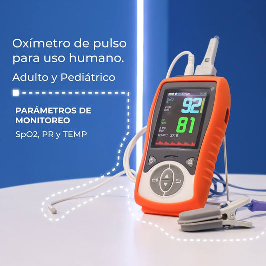 Oxímetro Palm Xignal F380H sobre su soporte, con los parámetros SpO2, pulso y temperatura.